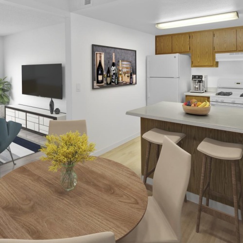 a kitchen with a dining table