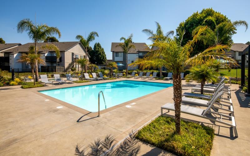 a swimming pool with trees and houses in the background